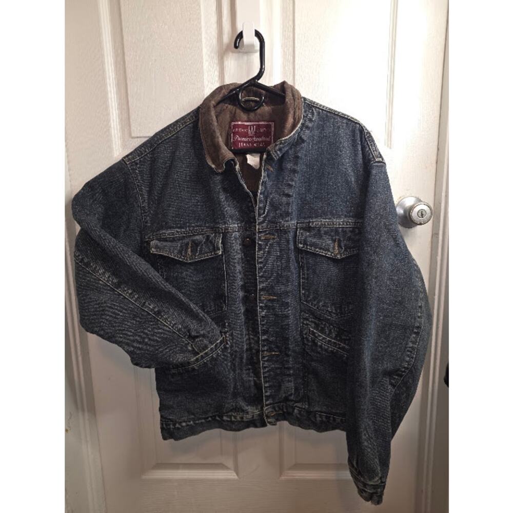 Vntg 90s GAP Denim Jean Chore Jacket Flannel Lined Leather Collar Size Med